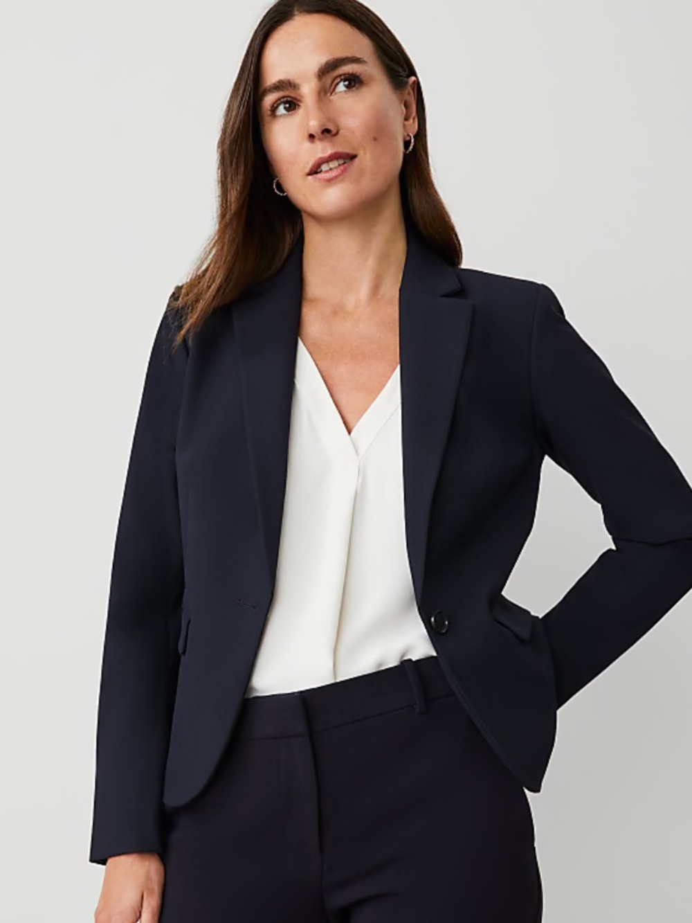 Navy Ann Taylor Notched Single Button Seasonless Blazer with Slight Stretch